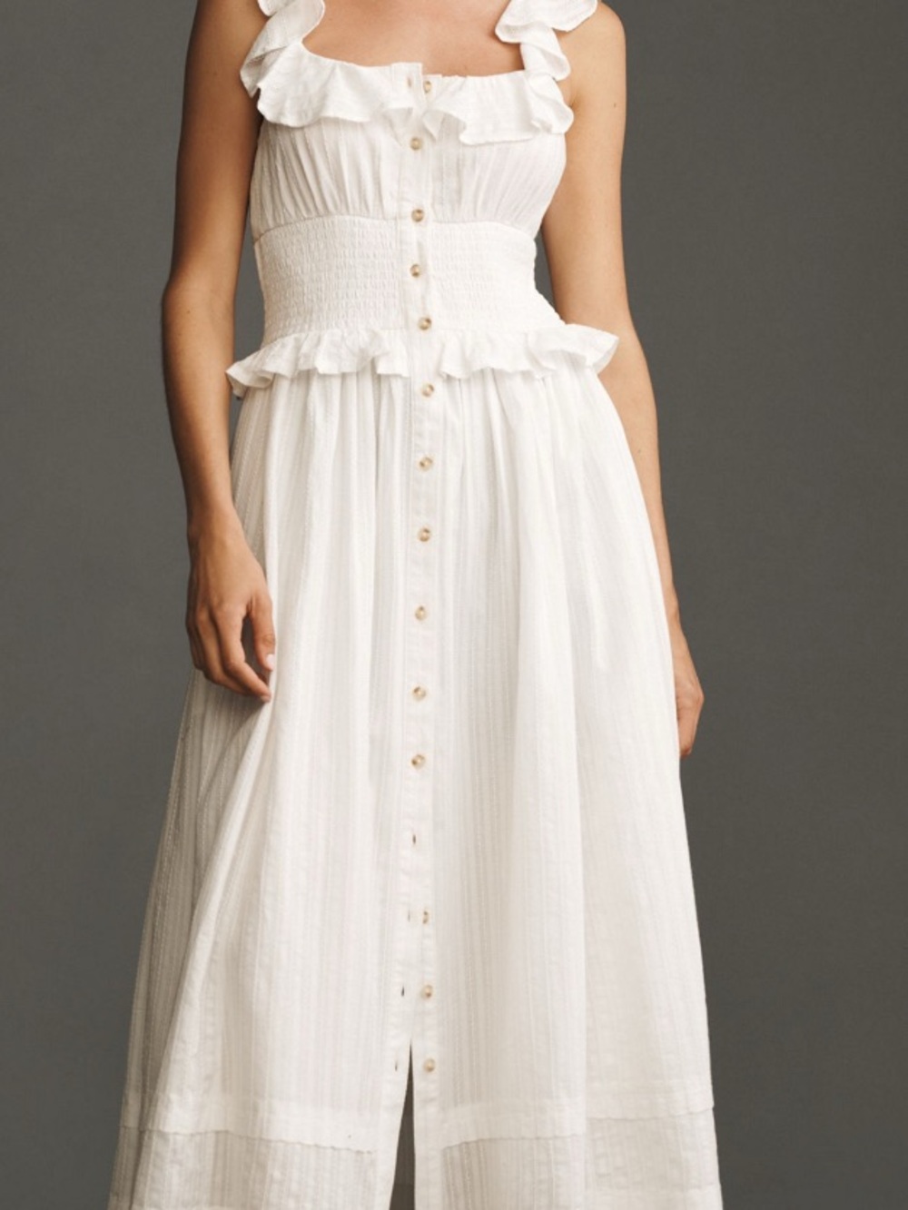 Pilcro White Ruffle-Trim Smocked-Waist Button Front Midi Dress